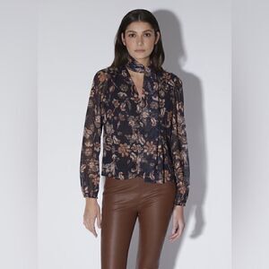 Walter Baker Selena Black Floral Neck Tie Blouse Large